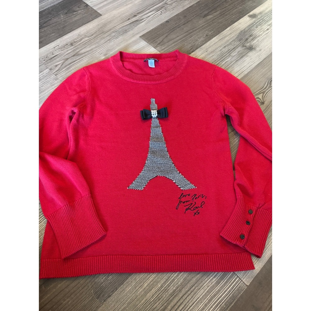 Karl Lagerfeld Paris Women Red Eiffel Tower Pearl Bow Sweater L L1XSS744